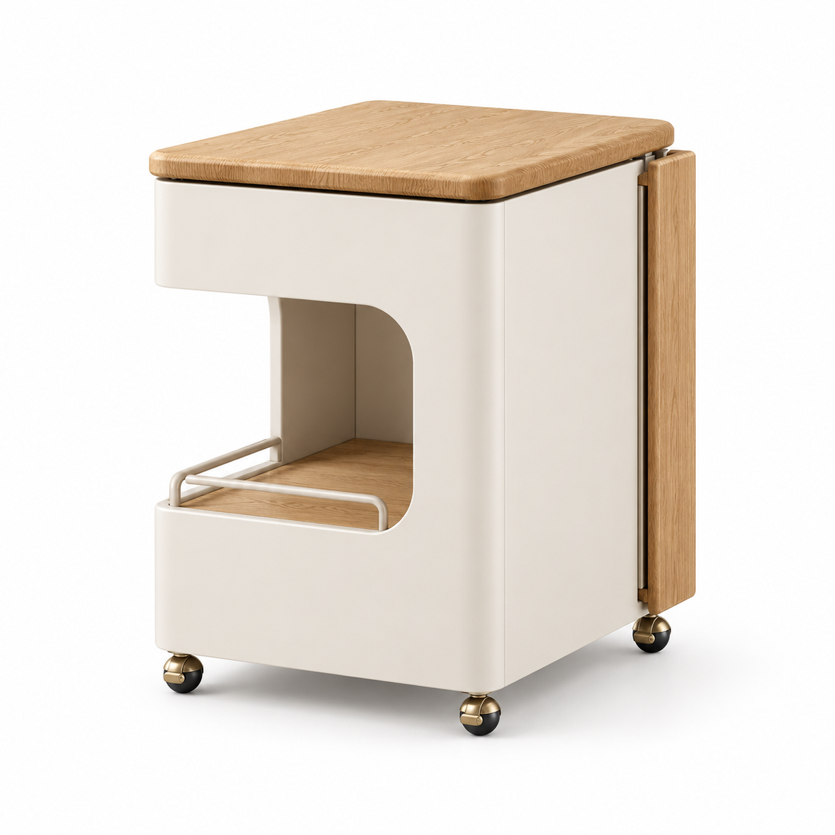 Cream & Oak-Look Rolling Side Table with Fold-Out Leaf