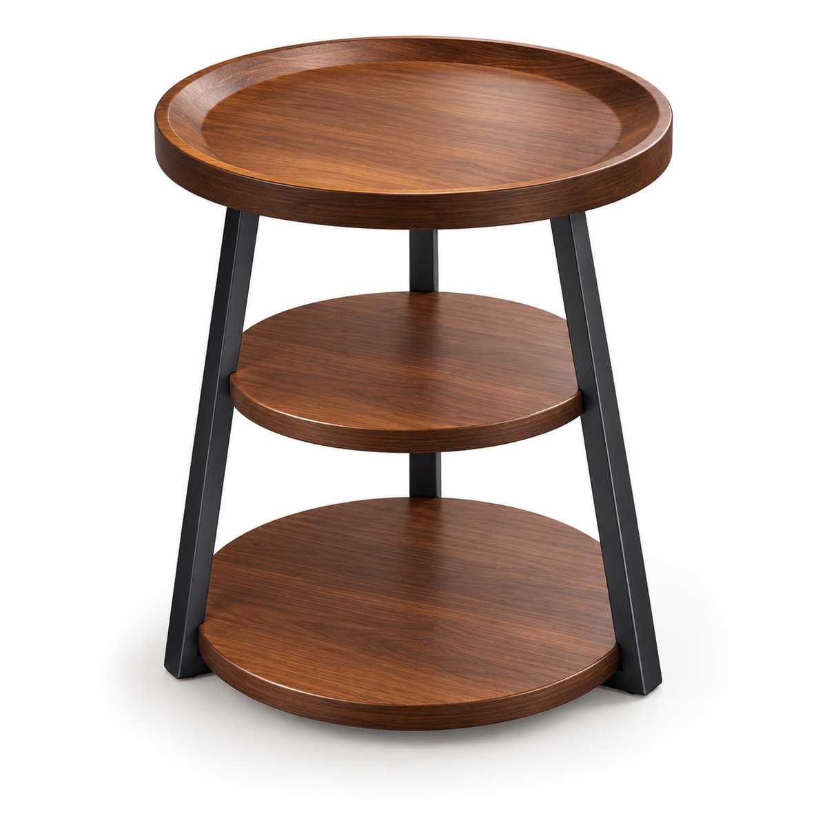 Walnut-Look Three-Tier Round Tray Side Table