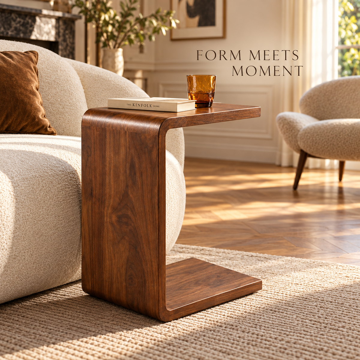 Walnut-Look C-Shaped Sofa Side Table