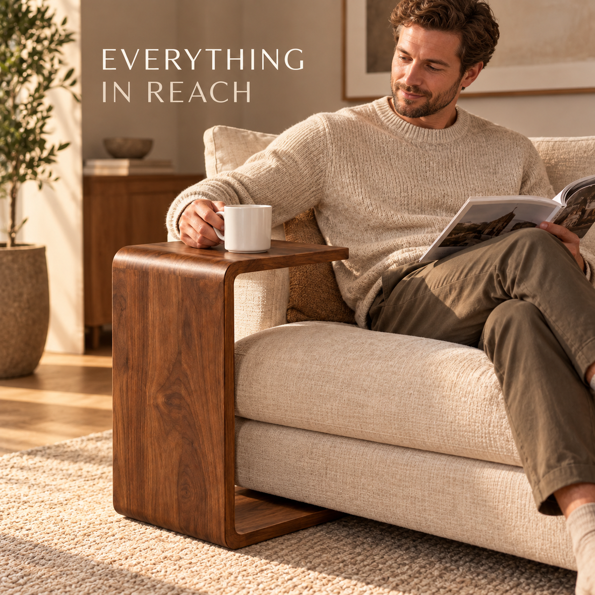 Walnut-Look C-Shaped Sofa Side Table
