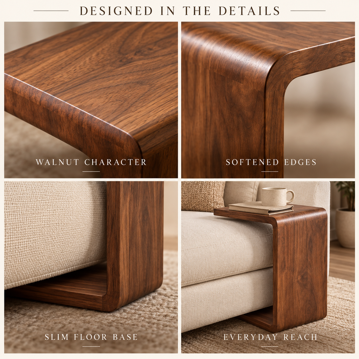 Walnut-Look C-Shaped Sofa Side Table