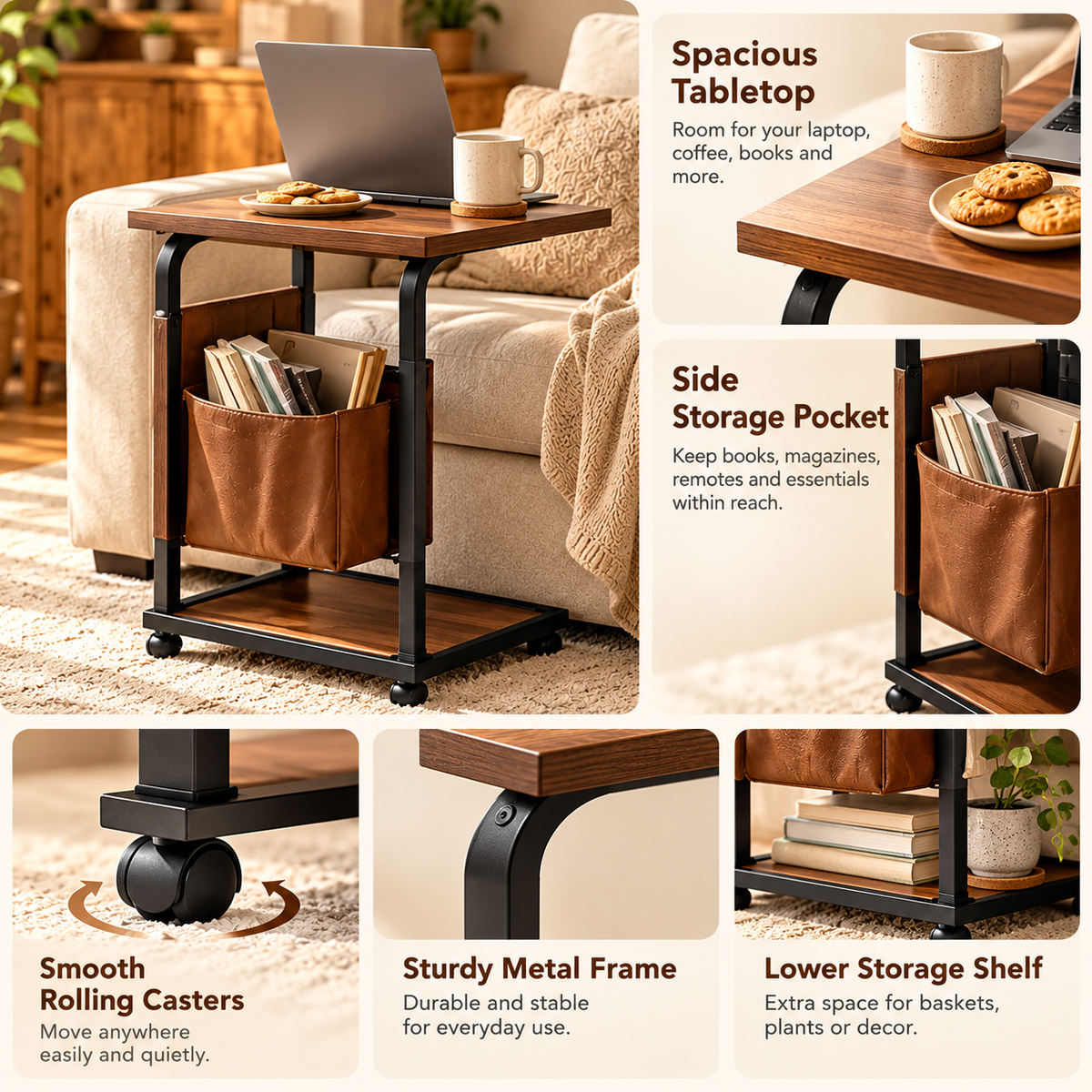 RadixDomus Rolling Side Table with Storage Pocket