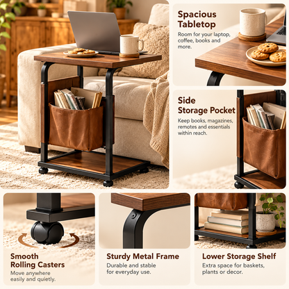 RadixDomus Rolling Side Table with Storage Pocket