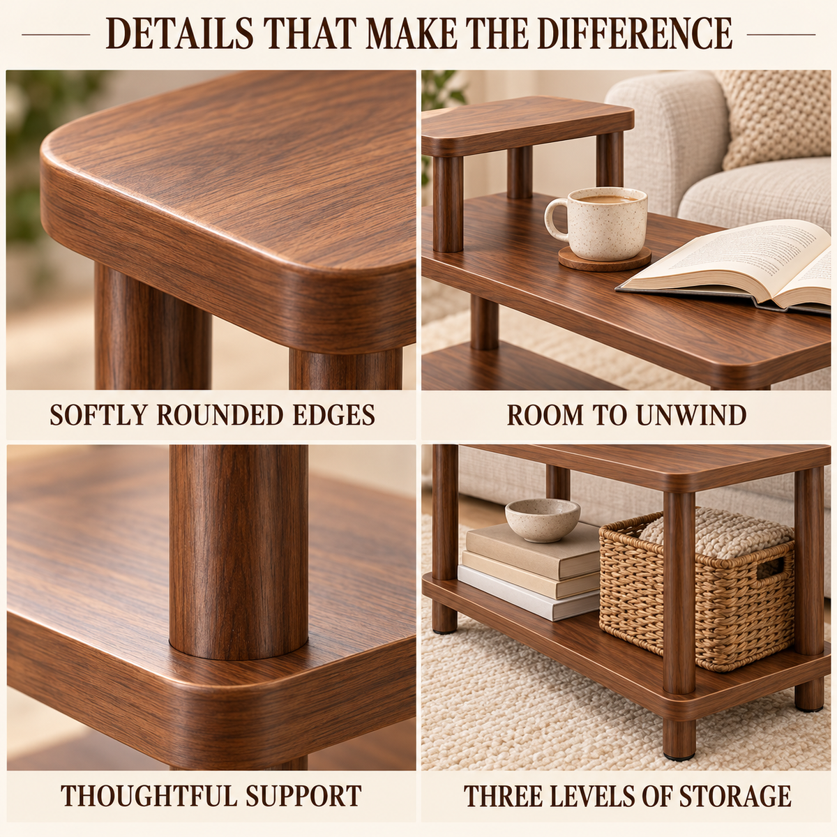 Walnut-Look Three-Level Sofa Side Table