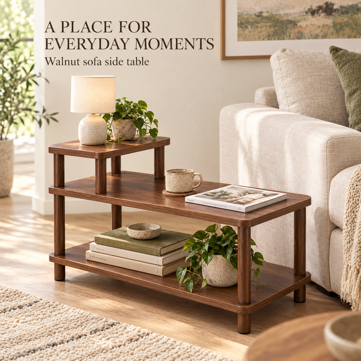Walnut-Look Three-Level Sofa Side Table