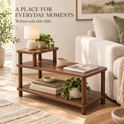 Walnut-Look Three-Level Sofa Side Table