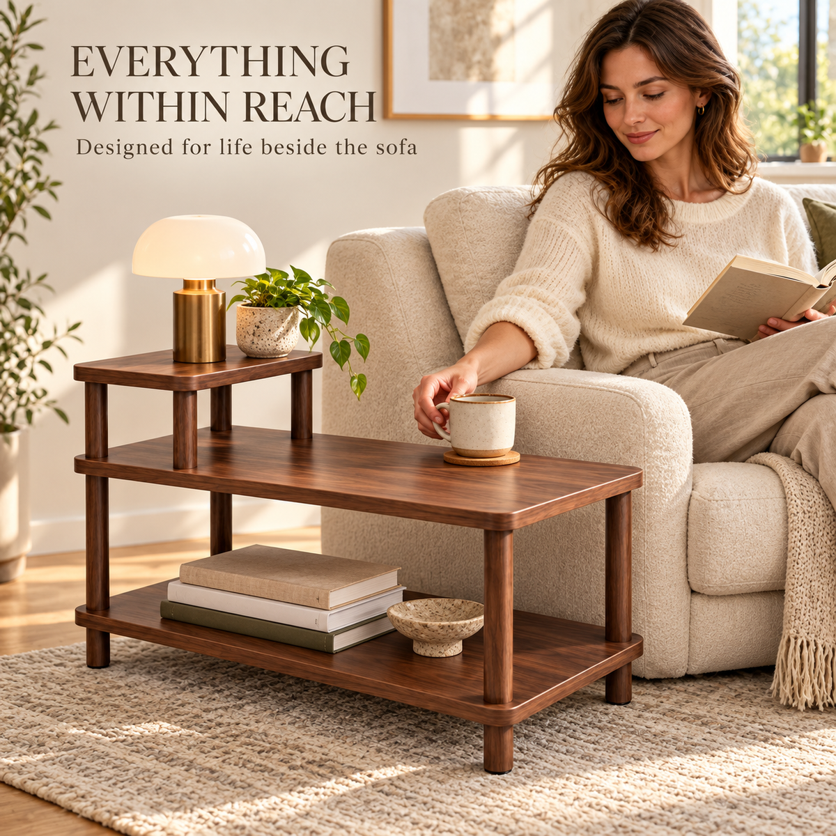 Walnut-Look Three-Level Sofa Side Table