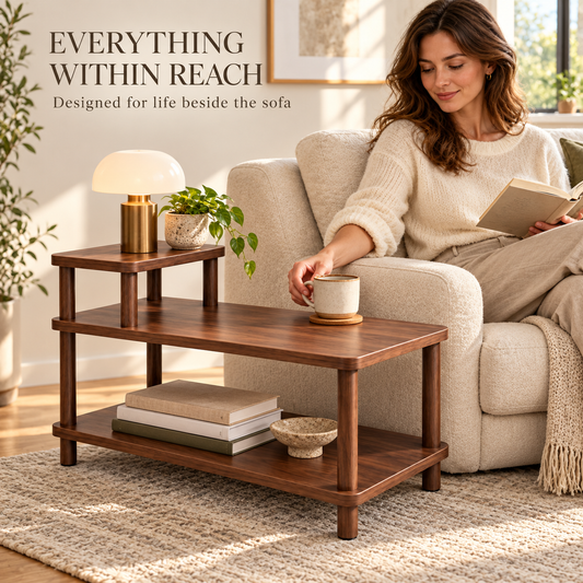 Walnut-Look Three-Level Sofa Side Table