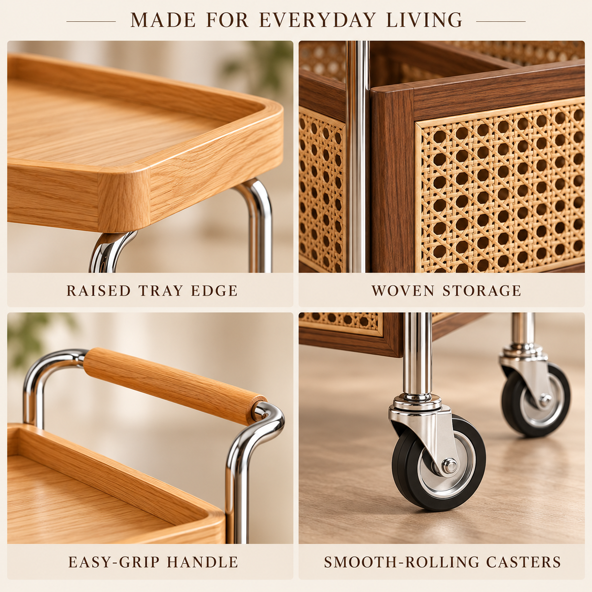 Rolling Side Table with Woven-Look Storage Basket