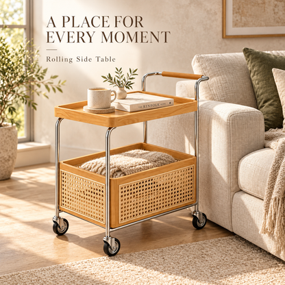 Rolling Side Table with Woven-Look Storage Basket