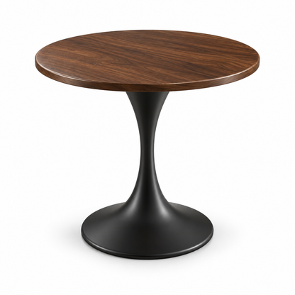 Walnut-Look Round Side Table with Black Pedestal