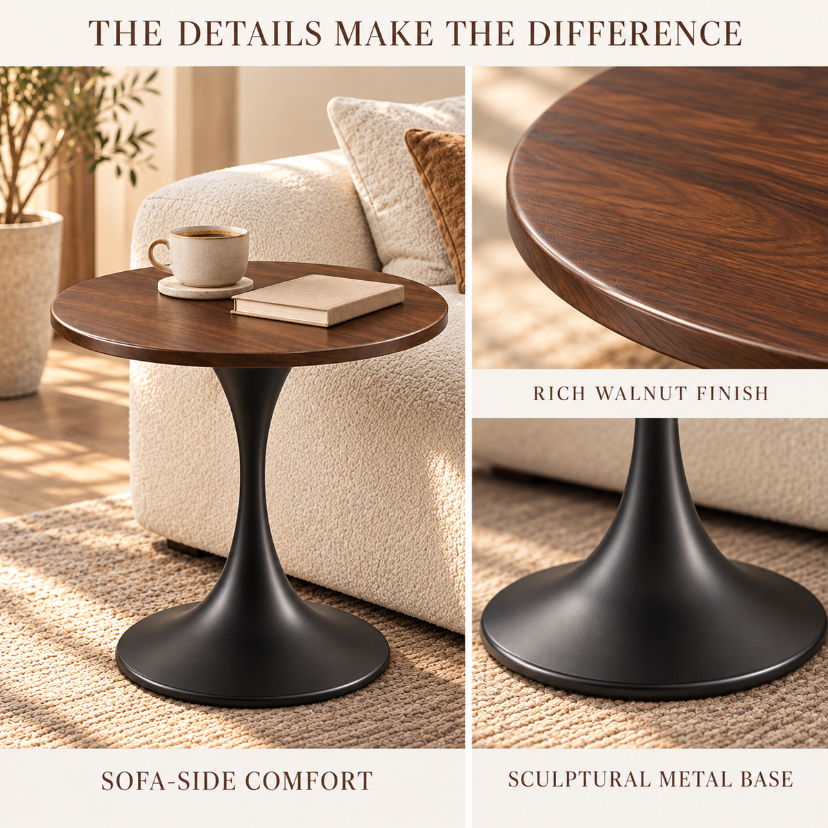 Walnut-Look Round Side Table with Black Pedestal