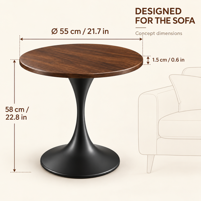 Walnut-Look Round Side Table with Black Pedestal