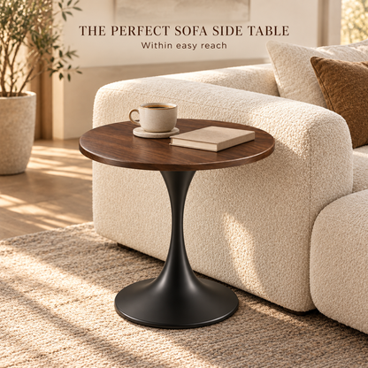 Walnut-Look Round Side Table with Black Pedestal