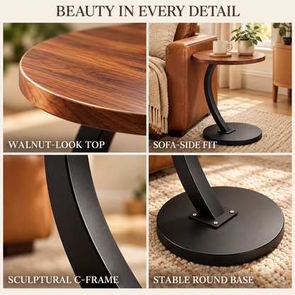 Walnut-Look Round C-Frame Sofa Side Table