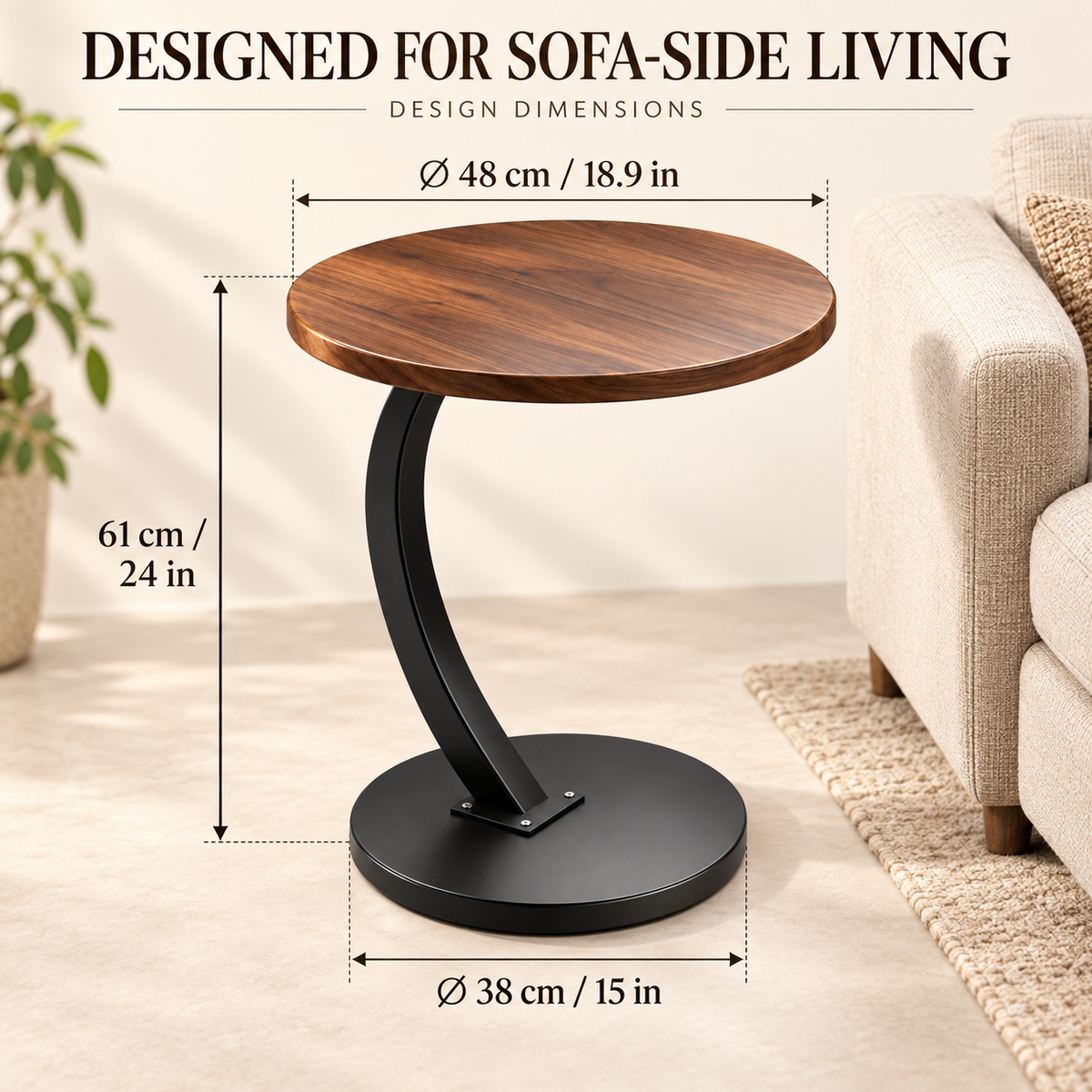 Walnut-Look Round C-Frame Sofa Side Table
