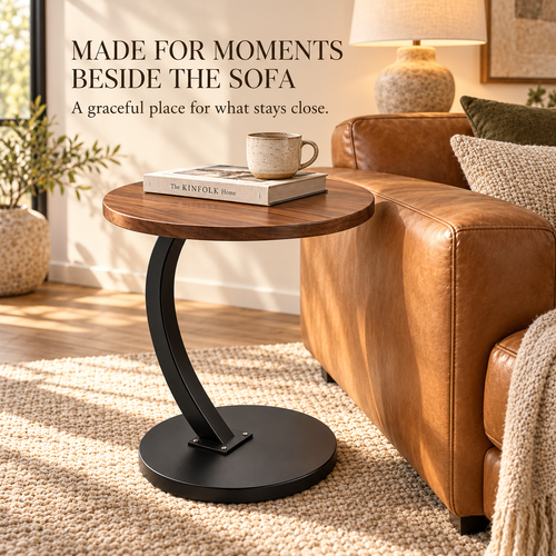 Walnut-Look Round C-Frame Sofa Side Table