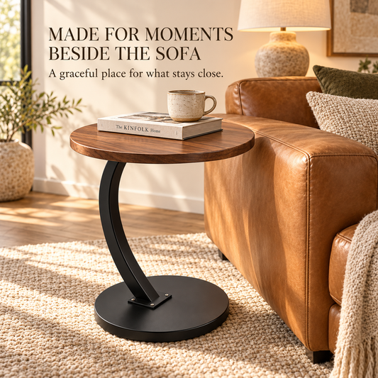 Walnut-Look Round C-Frame Sofa Side Table