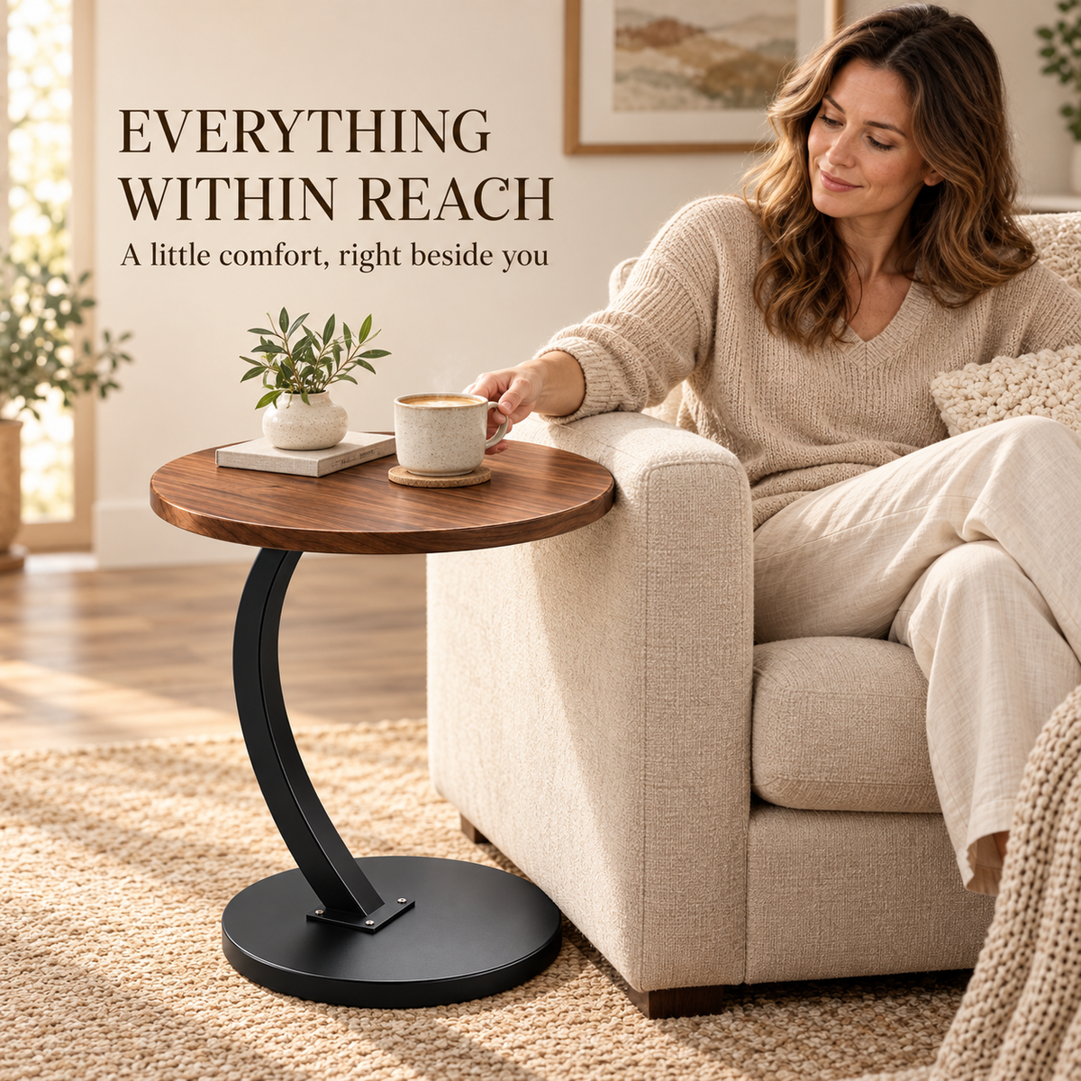 Walnut-Look Round C-Frame Sofa Side Table