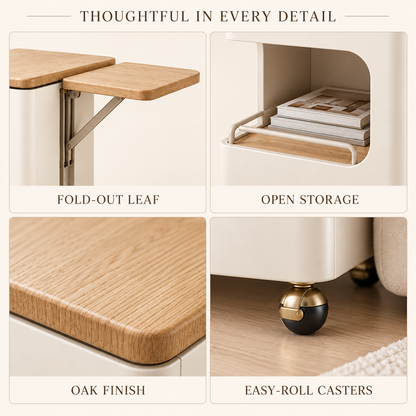 Cream & Oak-Look Rolling Side Table with Fold-Out Leaf