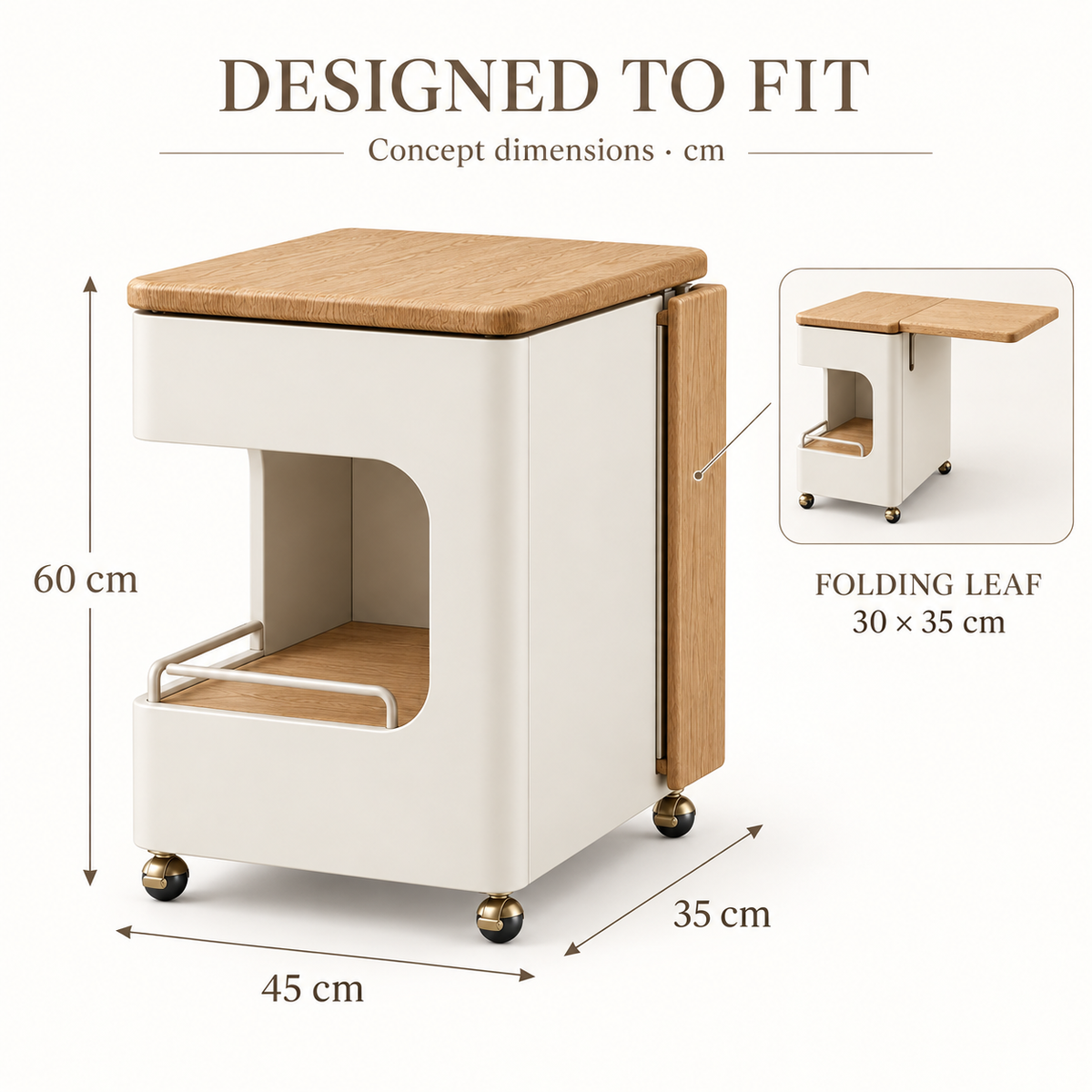 Cream & Oak-Look Rolling Side Table with Fold-Out Leaf