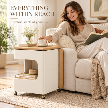 Cream & Oak-Look Rolling Side Table with Fold-Out Leaf