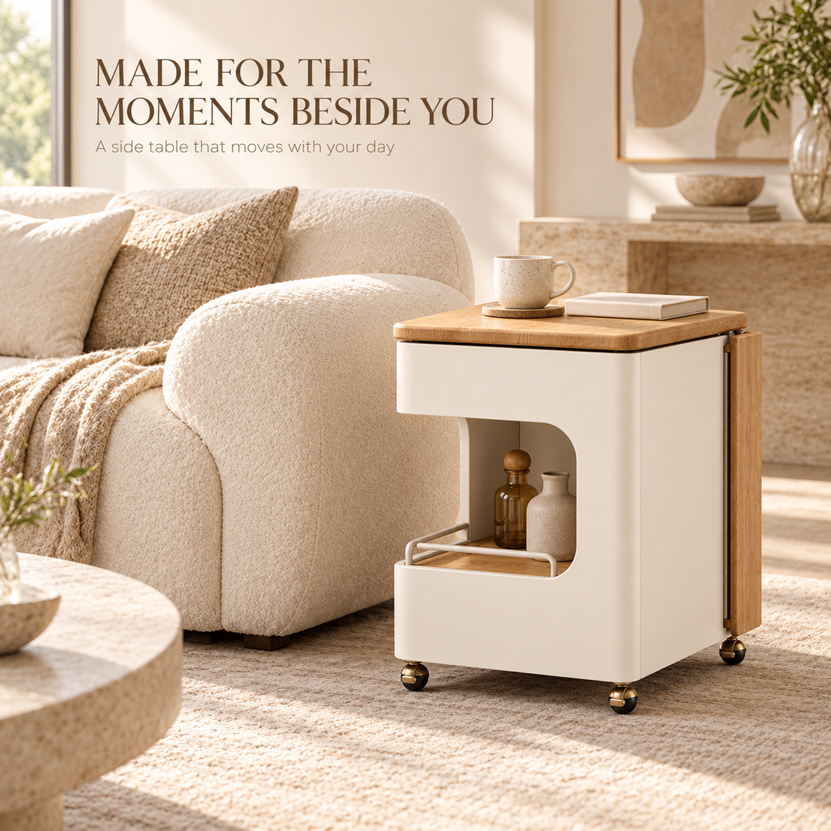 Cream & Oak-Look Rolling Side Table with Fold-Out Leaf