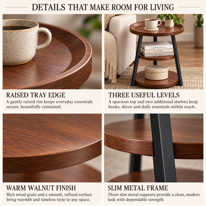 Walnut-Look Three-Tier Round Tray Side Table