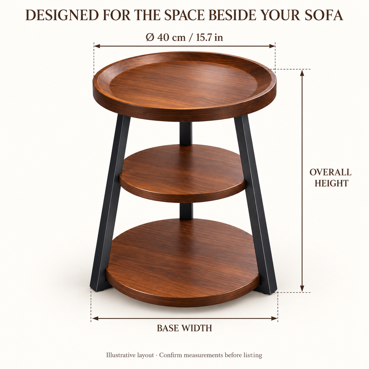 Walnut-Look Three-Tier Round Tray Side Table
