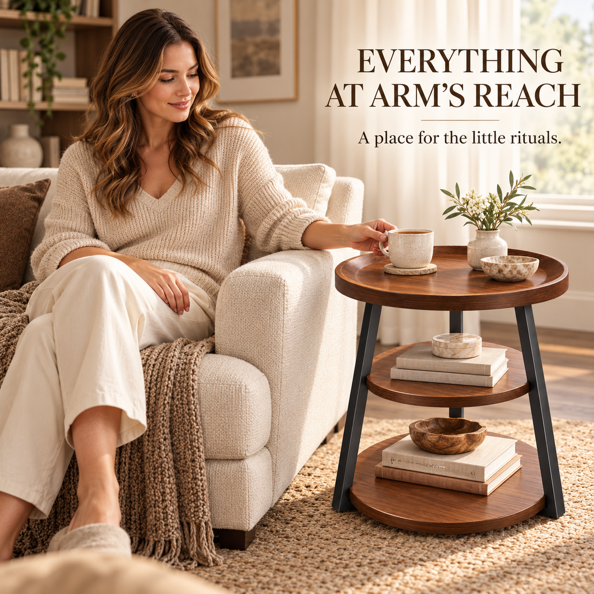Walnut-Look Three-Tier Round Tray Side Table