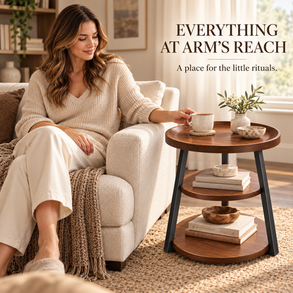 Walnut-Look Three-Tier Round Tray Side Table