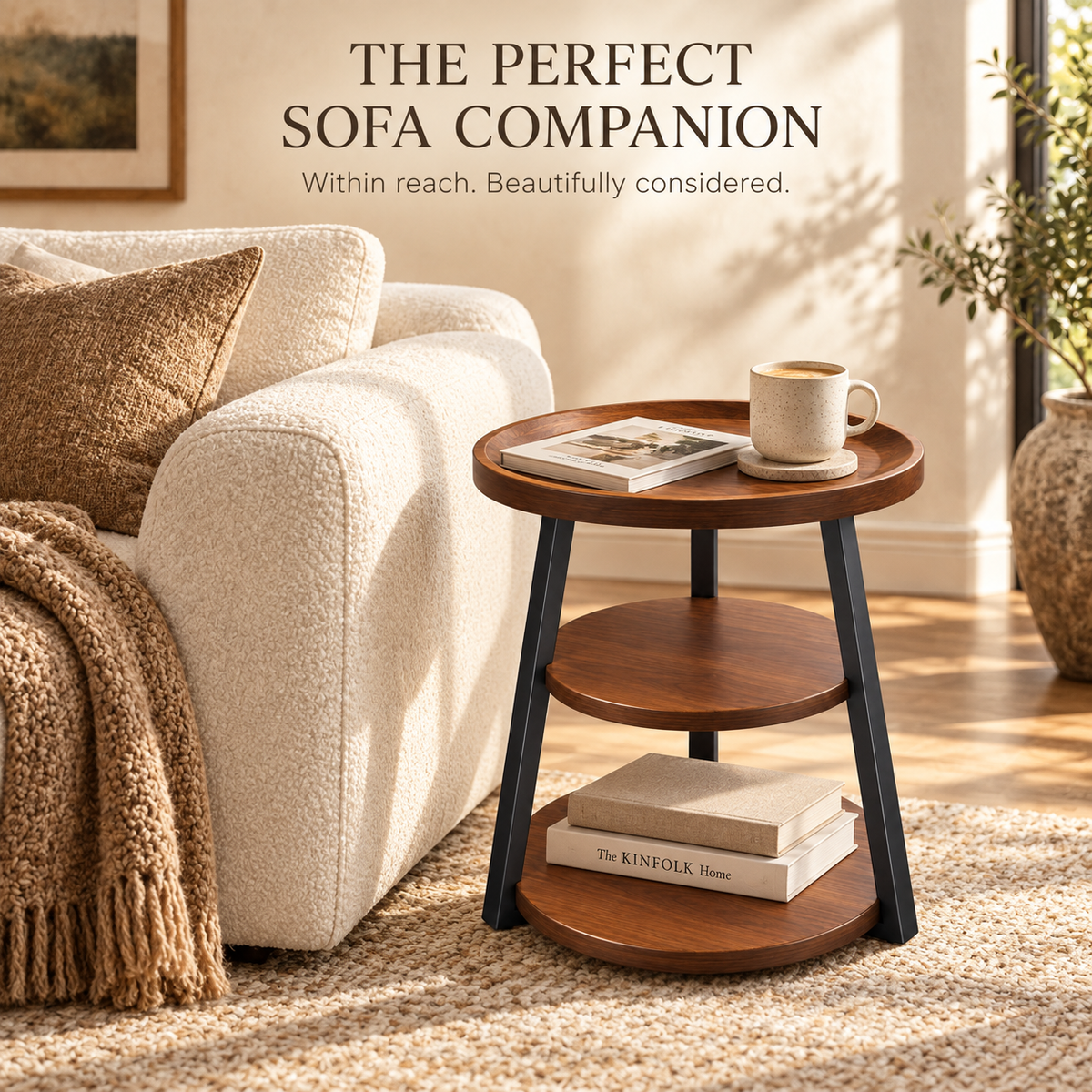 Walnut-Look Three-Tier Round Tray Side Table