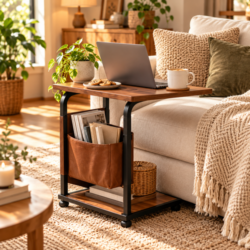 RadixDomus Rolling Side Table with Storage Pocket