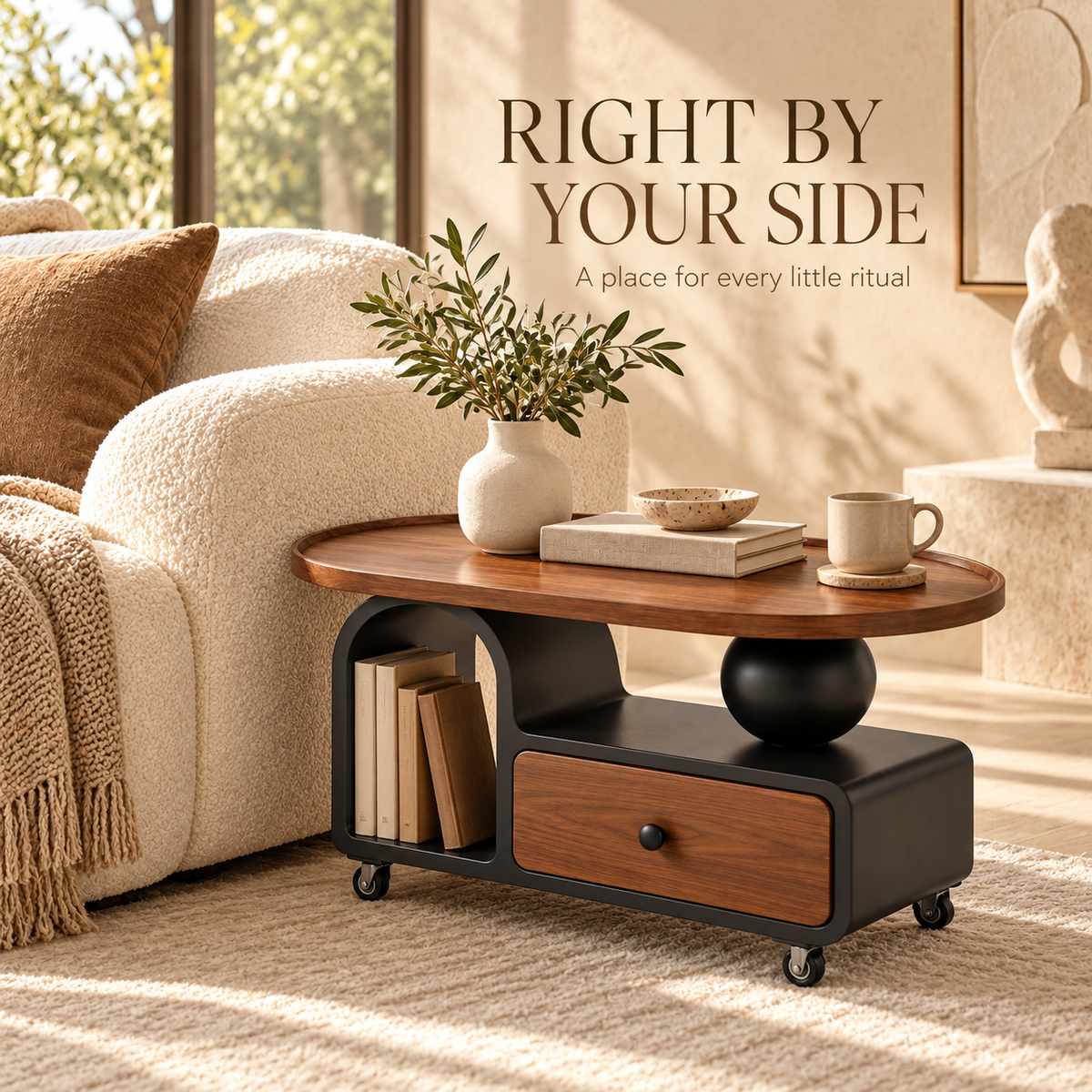 Walnut-Look Mobile Storage Side Table