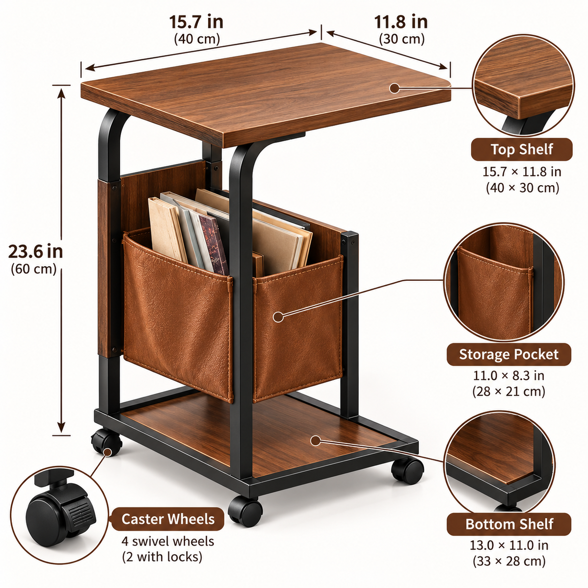 RadixDomus Rolling Side Table with Storage Pocket