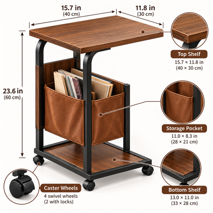 RadixDomus Rolling Side Table with Storage Pocket